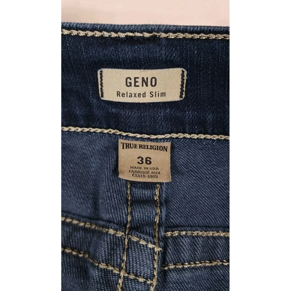 True Religion Geno W Flaps Relaxed Slim Jeans Mens 36x34 Dark Wash Stretch Denim